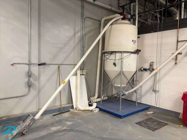 Prairie Pride Grist Case on PrimeScales Platform Scale, Grain Handling Auger Conveyor and Plastic Cone-Bottom Hopper Tank