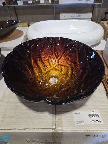 TIG-S90 Glass Vessel Sink, Amber and Brown Swirl Design