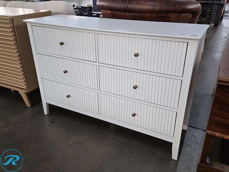 White Six-Drawer Dresser with Fluted Fronts and Brass Knobs, 31-1/2" x 47-1/2" x 16"