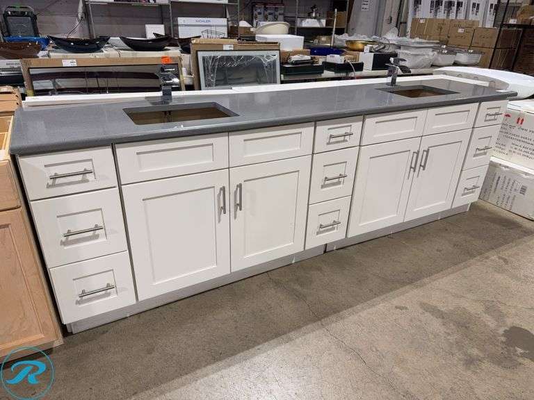Double Sink White Shaker Vanity With Quartz Top And Chrome Faucets, 108ā x 21ā x 34.5 (Top 111" x 23" x 1.5")ā