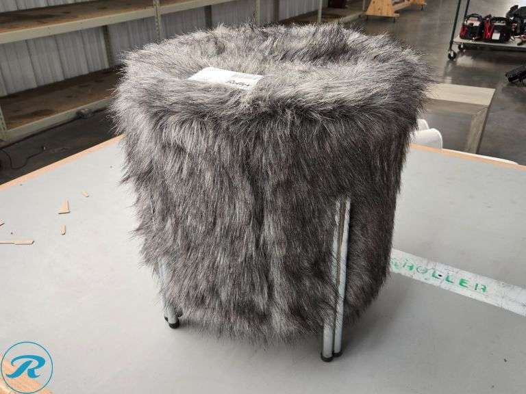 Gray Faux Fur Round Ottoman, Metal Legs, 17" Height
