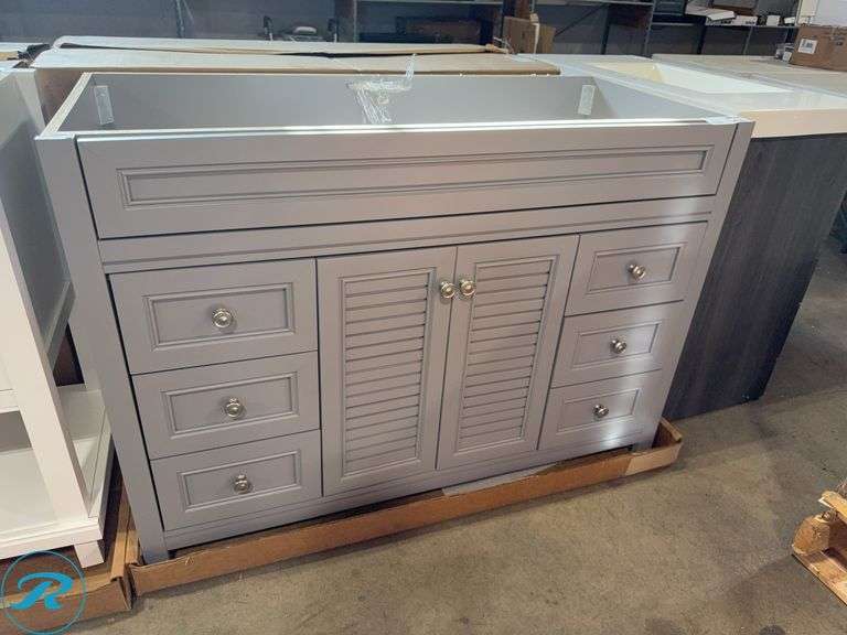 Gray Bathroom Vanity Cabinet With Drawers And Louvered Doors, 48ā x 22ā x 34ā