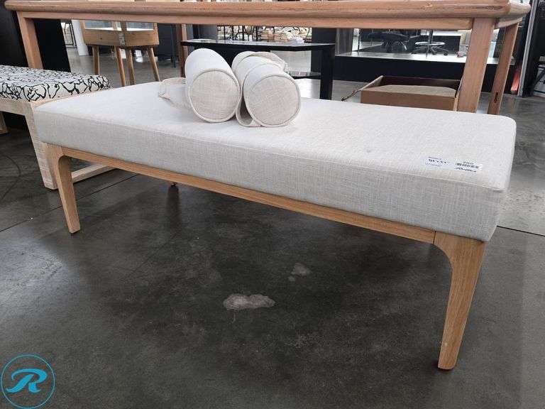 Bench With Light Wood Base and Upholstered Linen Cushion, Includes Two Bolster Pillows, 52" x 22"