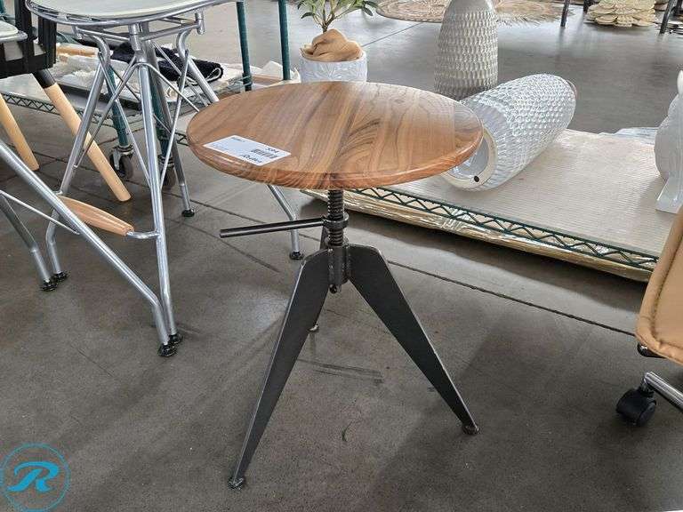 Wood Top Adjustable Height Industrial Side Table With Metal Tripod Base