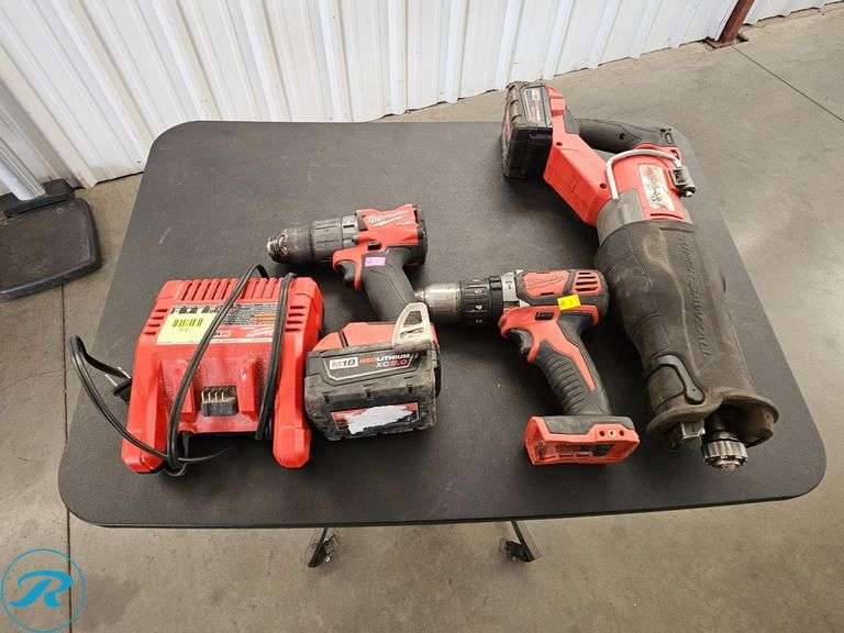 Milwaukee 2607-20 Hammer Drill, 2722-20 Sawzall Reciprocating Saw, M18 Charger, Batteries