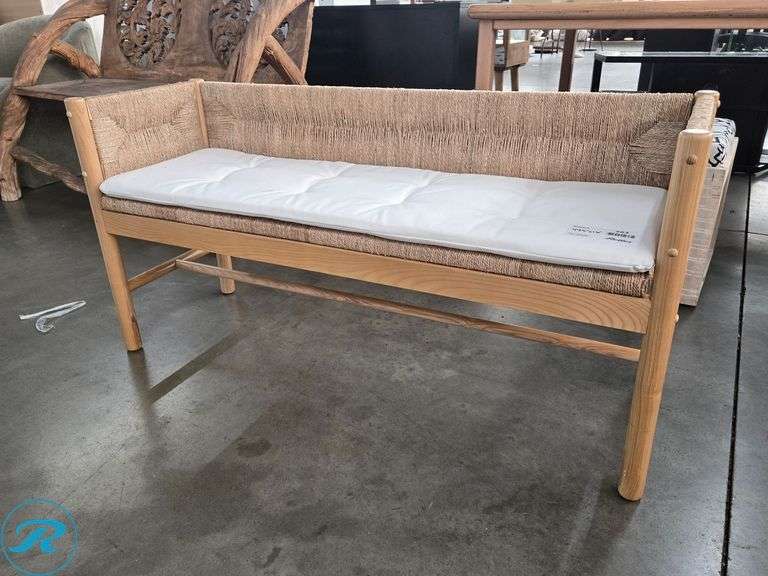 Wood and Woven Rope Bench With White Cushion, 47-1/2" x 16"