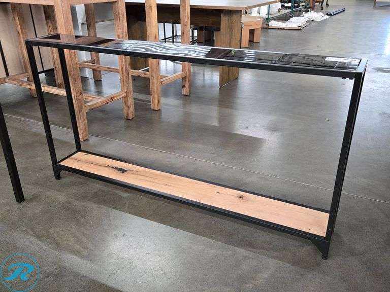 Metal Frame Console Table With Black Glass Top And Natural Wood Shelf, 56" x 8"