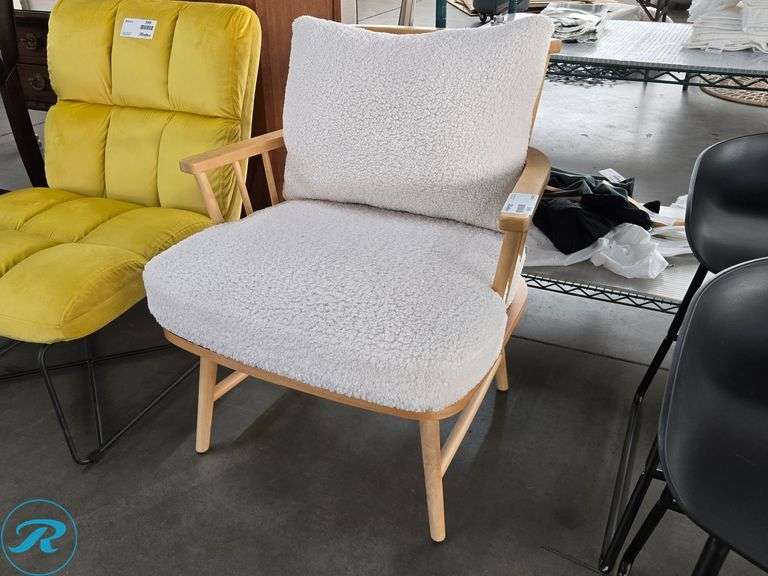 White Sherpa Upholstered Accent Chair with Light Wood Frame and Armrests