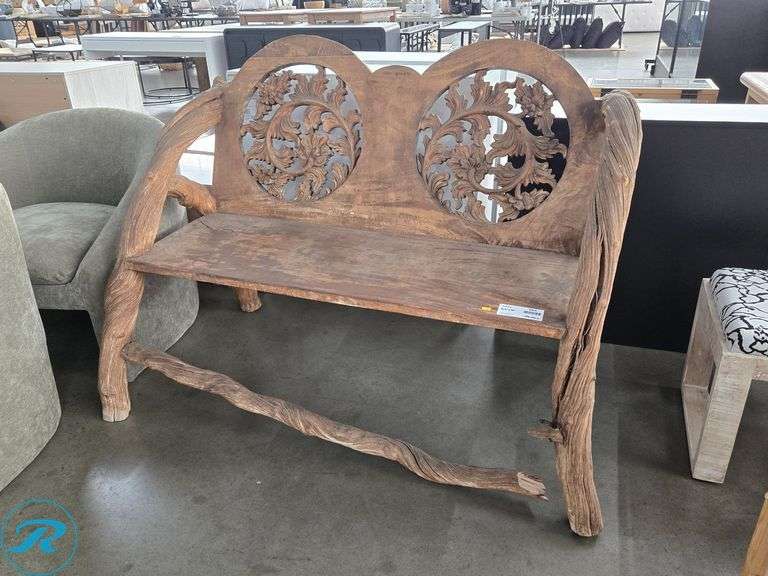 Rustic Carved Wood Bench With Ornate Floral Backrest And Natural Branch Legs, 53" x 31" (Front Support Bar Broken)