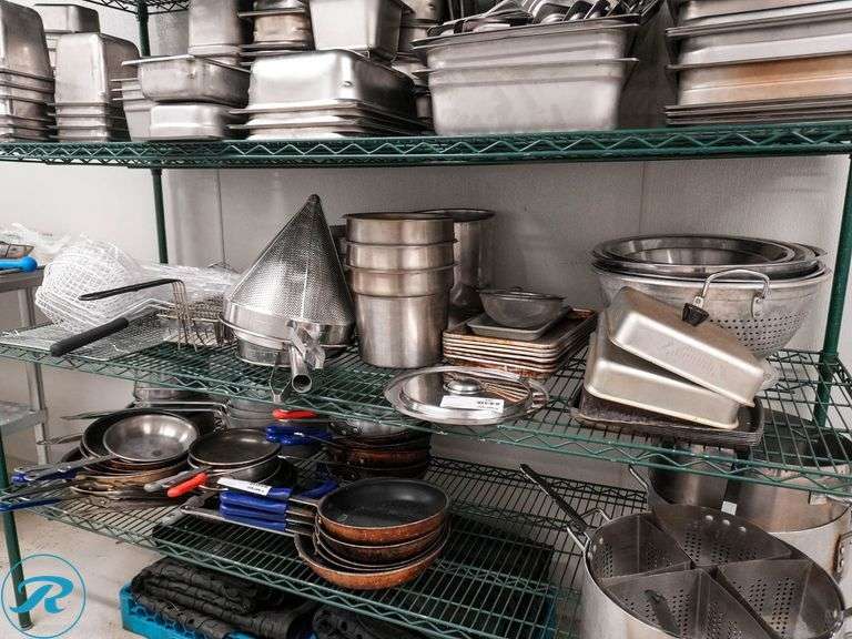 Assorted Stainless Steel Mixing Bowls, Colanders, Sheet Pans, Strainers, Fry Baskets, and Lids
