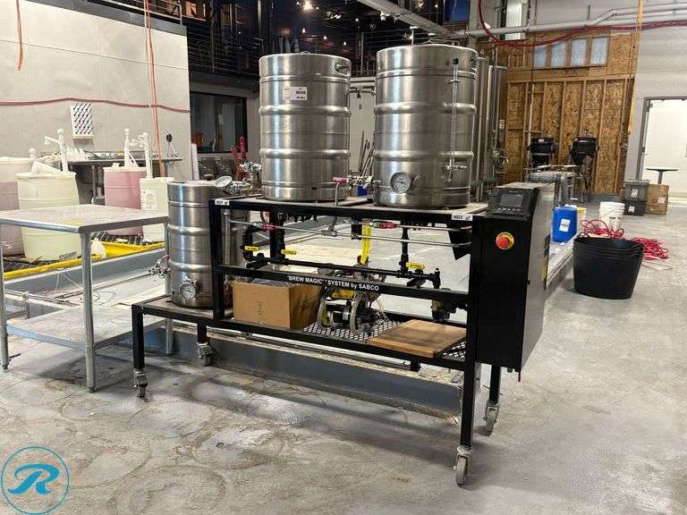 SABCO Brew-Magic V350MS 3-Vessel Pilot Brewery / Small-Batch Commercial Brewing System with SABCO Chill-Wizard Wort Chilling and Pump Assembly