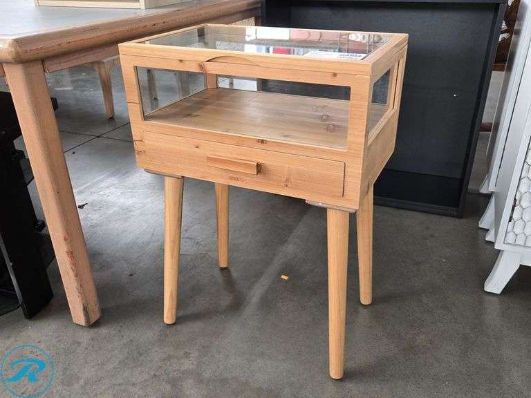 Wood and Glass Display Case Table with Drawer, 20" x 13"
