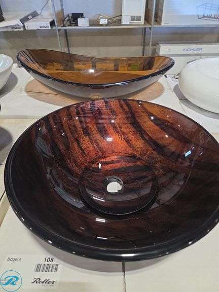 Glass Vessel Sink, Brown Wood Swirl Pattern