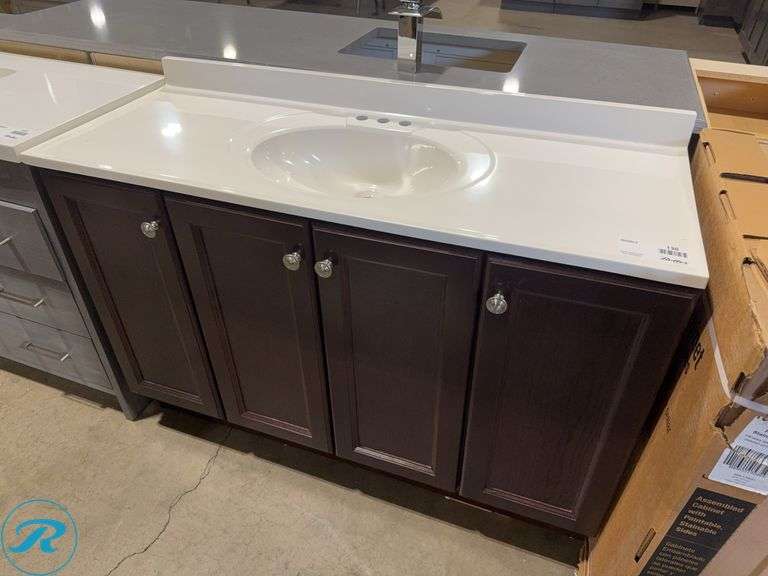Vanity Cabinet With Integrated Sink And Dark Wood Finish, 49ā x 19ā x 34ā