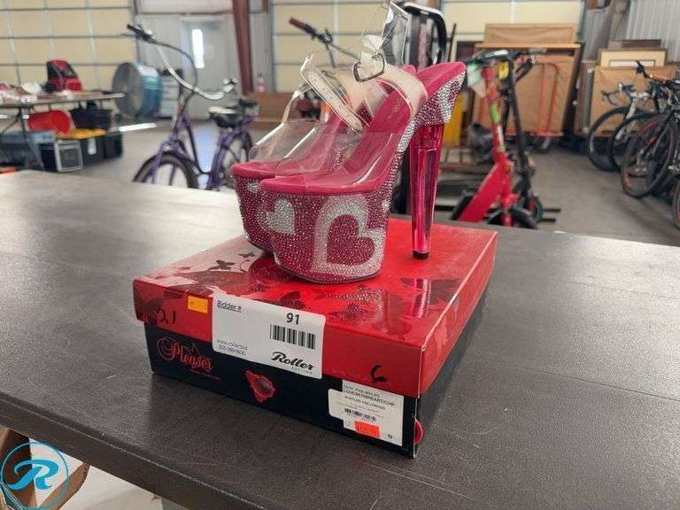 Pleaser Pink and White Platform Heels with Rhinestone Hearts, Size 5