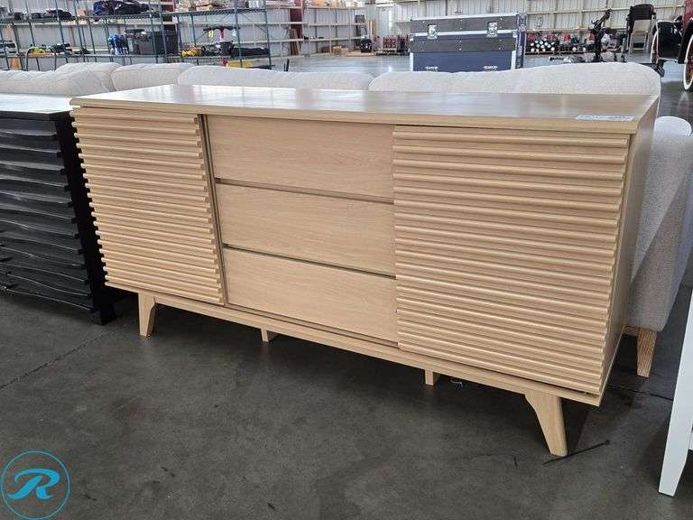 Light Wood Sideboard, Three Center Drawers, Two Sliding Doors with Shelves, 63" x 17-1/2"