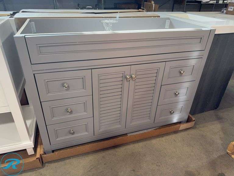 Gray Bathroom Vanity With Louvered Doors and Multiple Drawers, 48ā x 22ā x 34ā
