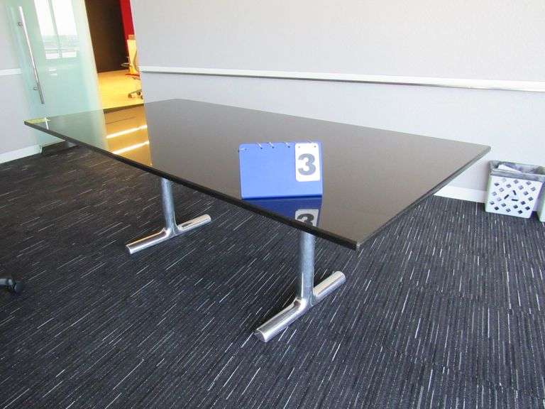 STONE TABLE WITH METAL LEGS, APPROX. 7' X 42"
