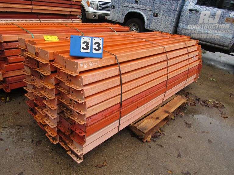 LOT, INCLUDING (2) BUNDLES-PALLET RACK CROSSBEAMS, APPROX. 96" X 4.5" APPROX.  (54) PER BUNDLE, (4) BUNDLES-PALLET RACK UPRIGHTS, APPROX. 18' X 27" APPROX. (10) PER BUNDLE AND (2) BUNDLES-PALLET RACK BEAMS 54" APPROX. (50) PER BUNDLE