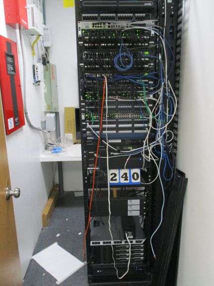 SERVER RACK WITH CONTENTS INCLUDING PAGE PRO IP DATTO, LEVITON, SATA ...