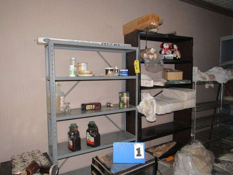 ASSORTED METAL SHELVES, (2) 7’ WOOD SHELVES, WITH CONTENTS AS SHOWN