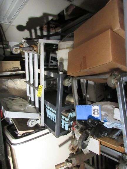 CONTENTS OF ROOM, INCLUDES ASSORTED CARTS, METAL SHELVES, 2-WHEEL DOLLY, PANS, WARMER, AND OTHERS AS SHOWN