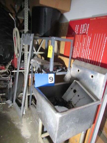 (1) SINGLE STAINLESS STEEL SINK NO FAUCETS, METAL SHELVING AND ASSORTED VACUUMS