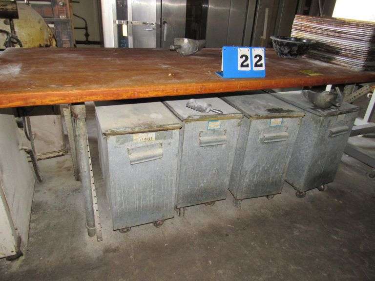 (2)  8’ WOOD WORK TABLES, EMPTY