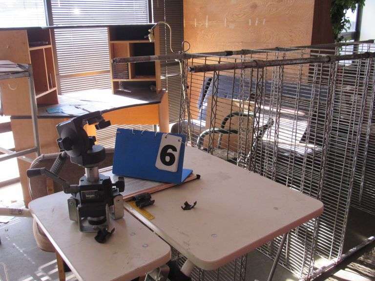 LOT, ASSORTED FURNITURE, LOVESEAT, TABLE, DESK, METRO SHELF, GE FREEZER, APPROX. 4’, OTHER AS SHOWN