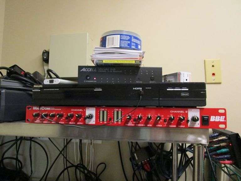 STAINLESS STEEL RACK WITH SOUND SYSTEM INCLUDING EDIROL VIDEO MIXER ...