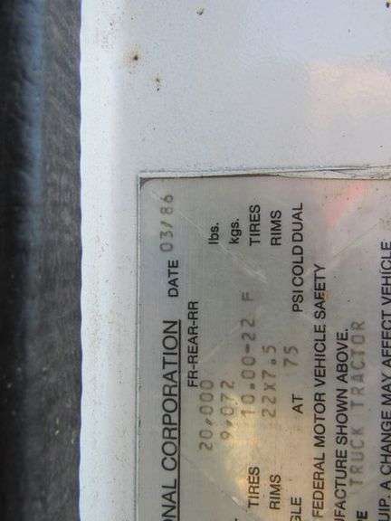 1986 TRACTOR TRUCK, INTERNATIONAL, VIN 1HSITG4N0GHA39416, 5TH WHEEL *NO KEY - CONDITION UNKNOWN* *Located Outside*