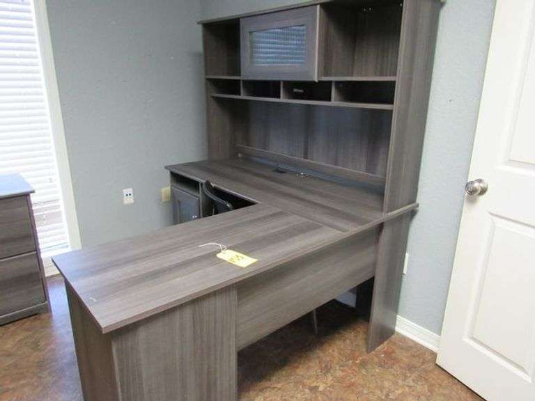 CONTENTS OF ROOM INCLUDING L-SHAPE WOOD DESK, (1) 2-DRAWER WOOD FILE CABINET, (1) 4-DRAWER METAL FILE CABINET, (1) PEDESTAL WOOD TABLE AND (3) WAITING CHAIRS *Located in Offices*