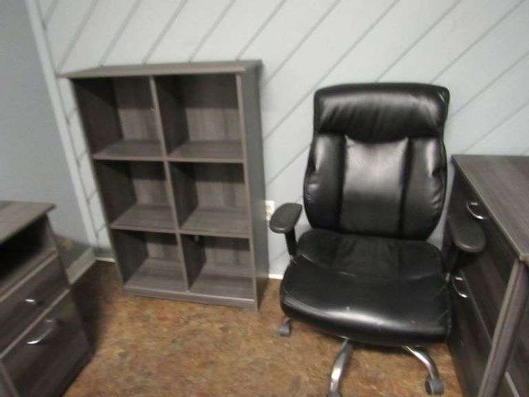 CONTENTS OF ROOM INCLUDING L-SHAPE WOOD DESK, (2) 2-DRAWER WOOD FILE CABINET, (1) WOOD SHELF, (1) OFFICE CHAIR AND (1) WAITING CHAIR *Located in Offices*