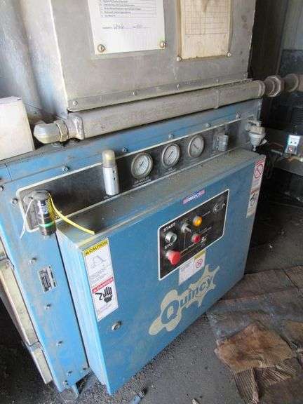 AIR COMPRESSOR, QUINCY MDL QMA60AC21H, S/N 73931 *BUYER RESPONSIBLE FOR PROPER DISCONNECTION AND REMOVAL - WILL HAVE TO REMOVE PANELS AND REPLACE THEM IF DAMAGED* *Located Outside*
