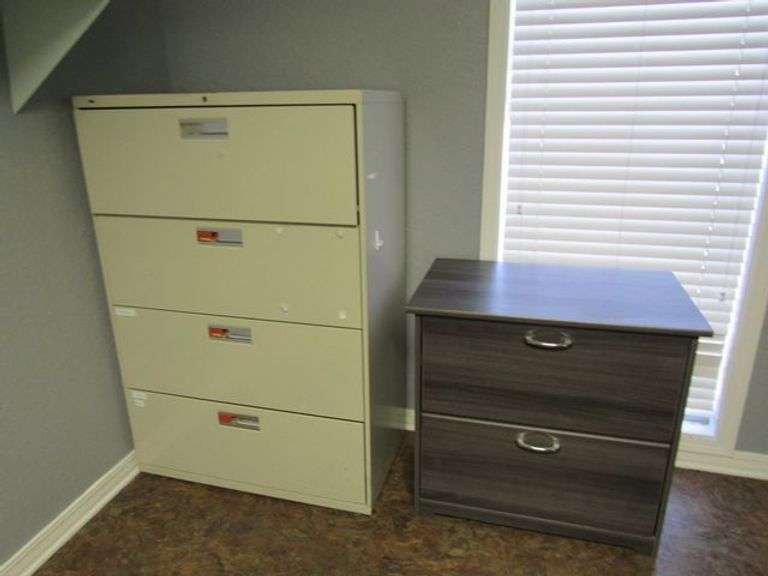 CONTENTS OF ROOM INCLUDING L-SHAPE WOOD DESK, (1) 2-DRAWER WOOD FILE CABINET, (1) 4-DRAWER METAL FILE CABINET, (1) PEDESTAL WOOD TABLE AND (3) WAITING CHAIRS *Located in Offices*