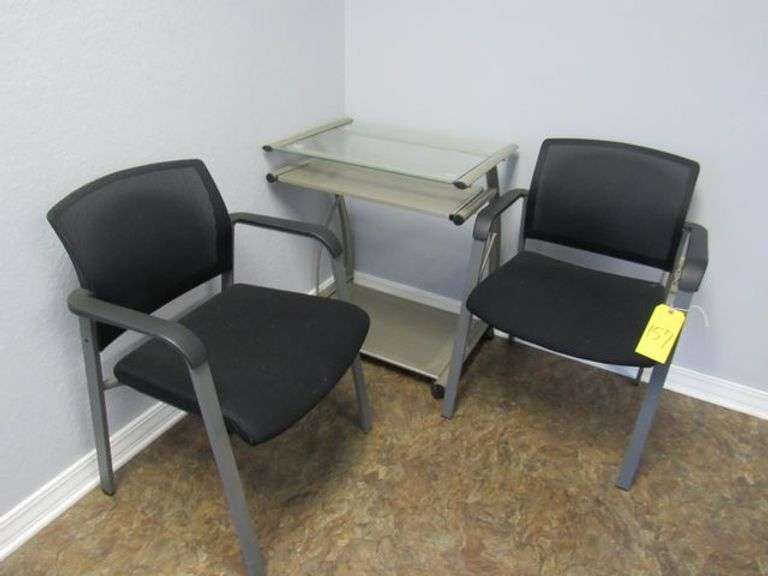 L-SHAPE WOOD DESK, PORTABLE COMPUTER DESK, (2) WAITING CHAIRS AND 2-DRAWER METAL FILE CABINET *Located in Offices*