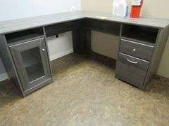 L-SHAPE WOOD DESK, PORTABLE COMPUTER DESK, (2) WAITING CHAIRS AND 2-DRAWER METAL FILE CABINET *Located in Offices*
