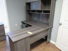 CONTENTS OF ROOM INCLUDING L-SHAPE WOOD DESK, (1) 2-DRAWER WOOD FILE CABINET, (1) 4-DRAWER METAL FILE CABINET, (1) PEDESTAL WOOD TABLE AND (3) WAITING CHAIRS *Located in Offices*