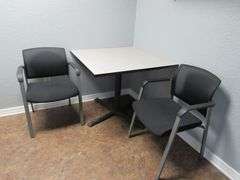 CONTENTS OF ROOM INCLUDING L-SHAPE WOOD DESK, (1) 2-DRAWER WOOD FILE CABINET, (1) 4-DRAWER METAL FILE CABINET, (1) PEDESTAL WOOD TABLE AND (3) WAITING CHAIRS *Located in Offices*