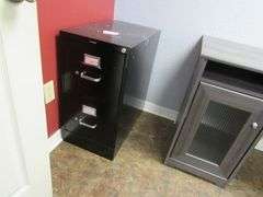 L-SHAPE WOOD DESK, PORTABLE COMPUTER DESK, (2) WAITING CHAIRS AND 2-DRAWER METAL FILE CABINET *Located in Offices*