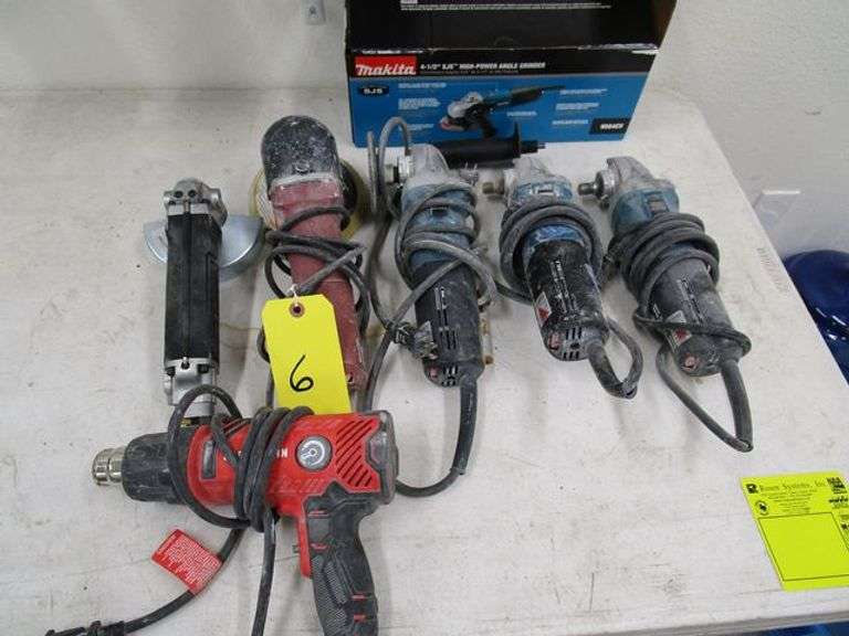LOT (3) MAKITA 4-1/2" ANGLE GRINDERS, (1) CHICAGO GRINDER, (1) PEARL POLISHER & (1) CRAFTSMAN HEAT GUN