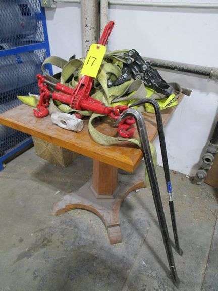 LOT OF ASSORTED TIE DOWN STRAPS, (2) CHAIN TENSIONER RACHETS & (2) PRY BARS