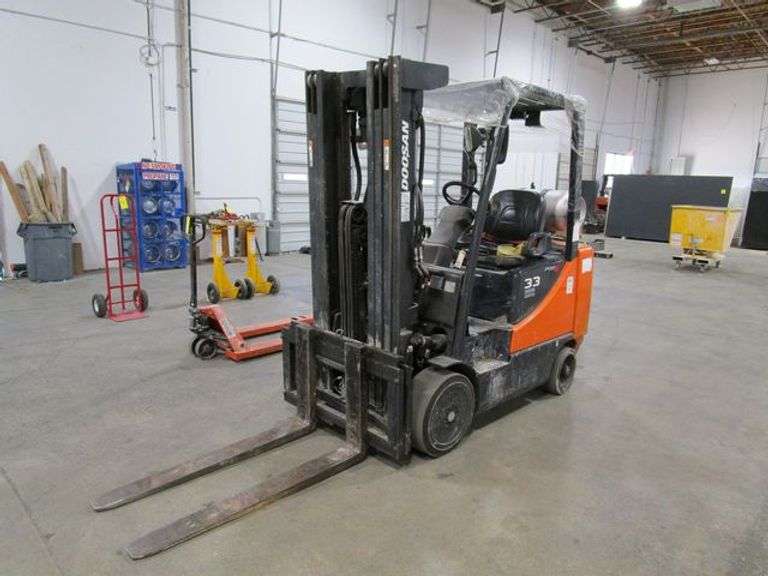 DOOSAN FORKLIFT MDL. GC33E-5, S/N FGAON-1790-00009, 5500 LB CAPACITY, LP GAS, TRIPLE MAST, 189" LIFT HEIGHT, SOLID TIRES, SIDE SHIFT, HOURS READ 5438.3, NEEDS NEW INGITION SWITCH & KEY, STARTS AND OPERATES AS OF 7/11/24