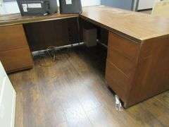 LOT, (1) WOOD L-SHAPED DESK, (2) 5-DRAWER LATERAL FILE CABINETS, (1) 2-DRAWER LATERAL FILE CABINET, (2) CHAIRS AND (1) ANTIQUE WOOD HUTCH