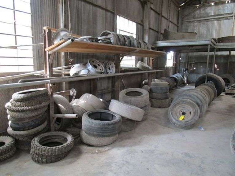 LARGE LOT, ASSORTED WHEELS, TIRES, MOTOR CYCLE TIRES, TRACTOR TRUCK TIRES - ALL USED TIRES AND WHEELS