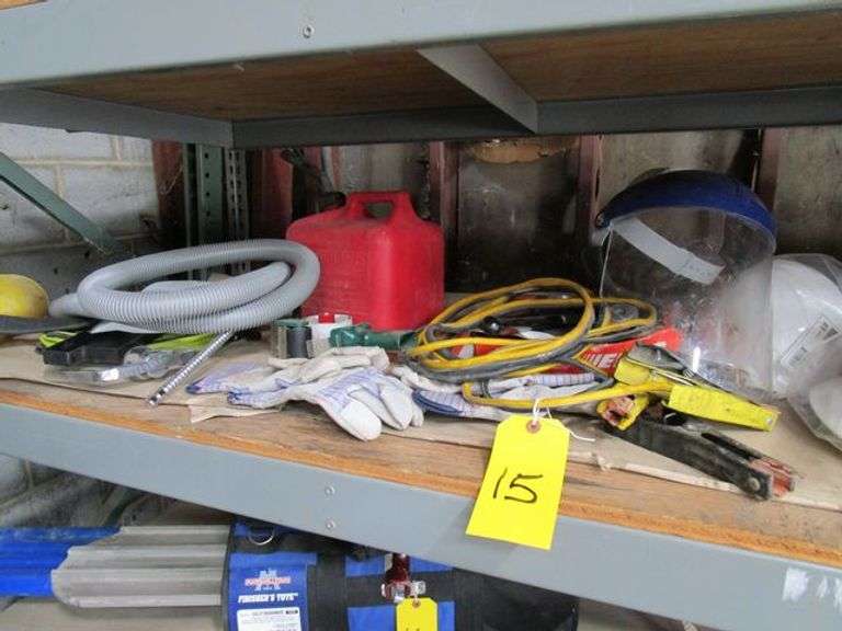 LOT, ASSORTED HARDHATS, BOLT CUTTERS, GAS CAN, FACE SHIELD, JUMPER CABLES AND FISH TAPE, ETC.