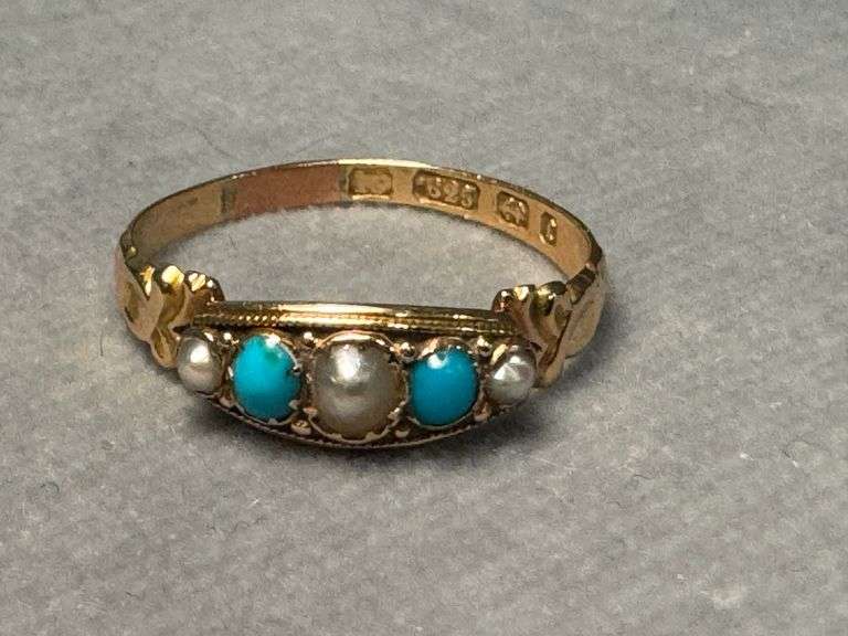 15 KARAT GOLD VICTORIAN TURQUOISE AND PEARL RING