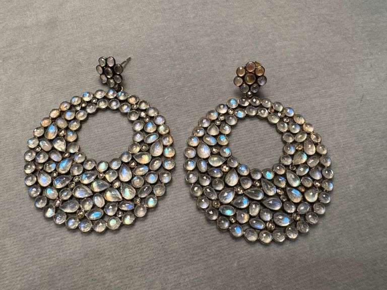 PAIR OF LADIES DANGLE EARRINGS W/ DIAMONDS AND MOONSTONES