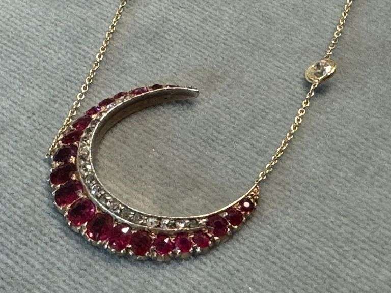 LADIES 18 KARAT YELLOW GOLD AND PLATINUM RUBY AND DIAMOND CRESCENT MOON NECKLACE DESIGNED BY RENEE LEWIS