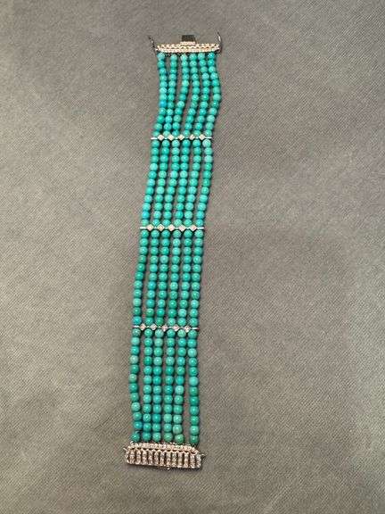 LADIES 18 KARAT WHITE GOLD DIAMOND PERSIAN TURQUOISE BEAD BRACELET